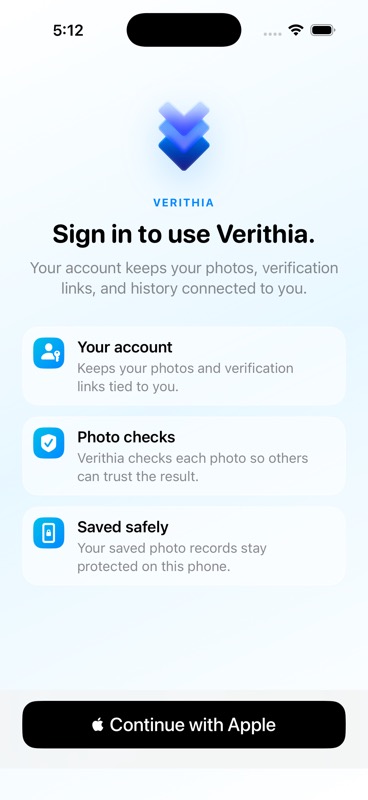Verithia iPhone app sign-in screen showing photo checks and safe local record storage